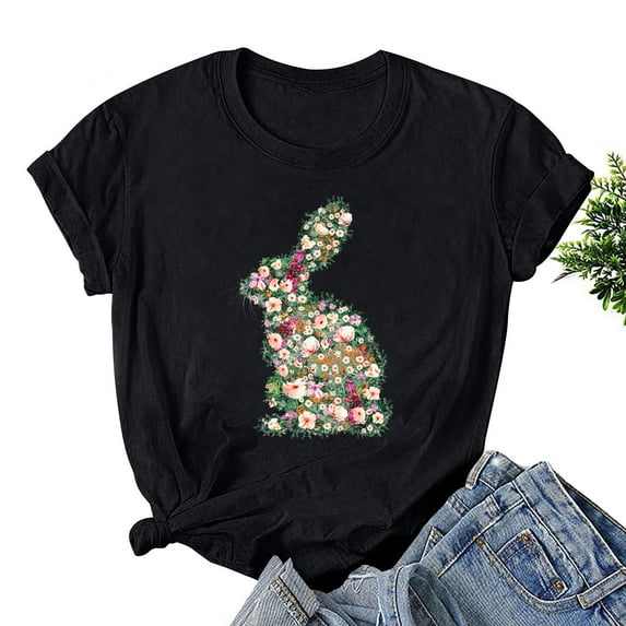 HOMBOM Easter Tops Women Religious Black Short Sleeve T-shirts Happy Easter Round Neck Womens Summer Tops S