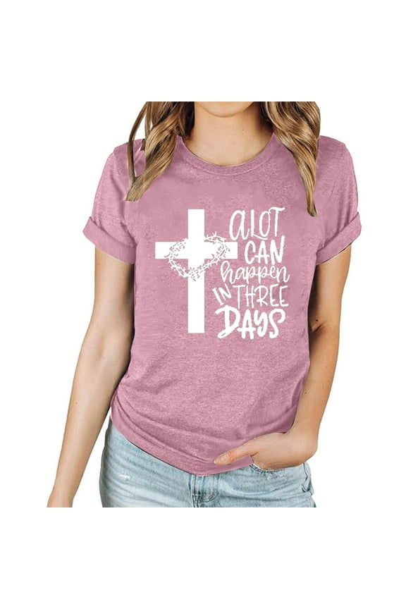 Easter Tops Women Religious Crew Neck Short Sleeve Pink T-shirt Easter Print Womens Summer Tops XXL