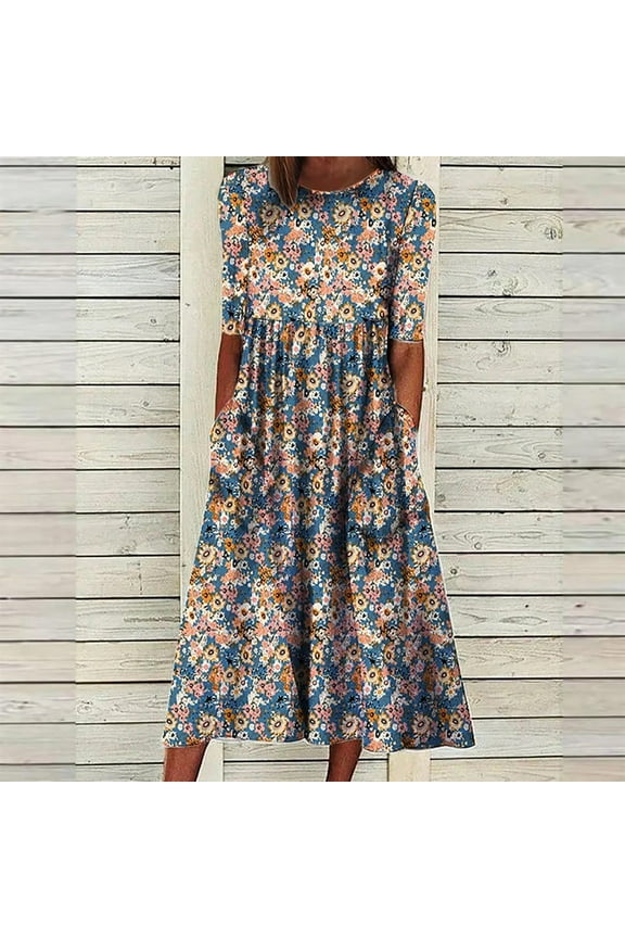Elbow-Length A-Line Dress for Women Blue Casual Dresses for Women Boho Style Round Neckline Womens Cotton Sun Dresses L