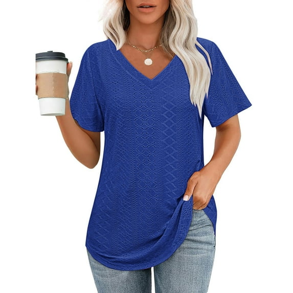 HOMBOM Elegant Tops for Women Blue Tunic Hollow Out Short Sleeve Solid V Neck Blouse 2XL