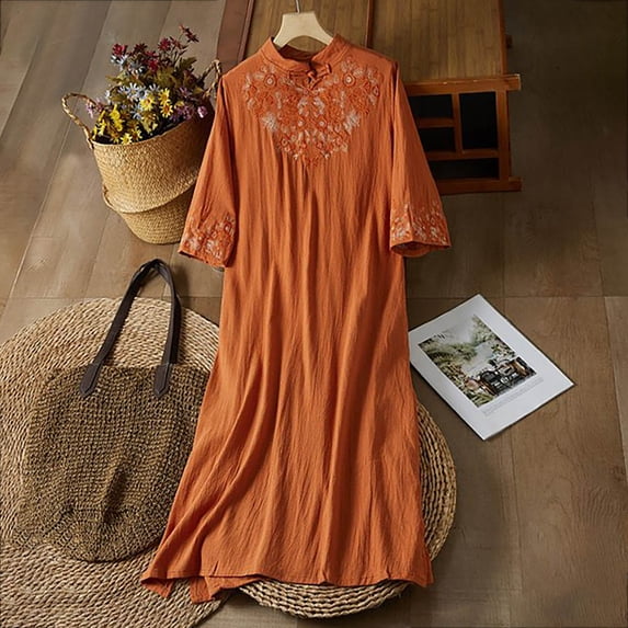 HOMBOM Embroidered Dresses for Women Casual Cotton Linen Long 3/4 Sleeve Plus Size Maxi Beach Young Womens Shift Dress Crew Neck