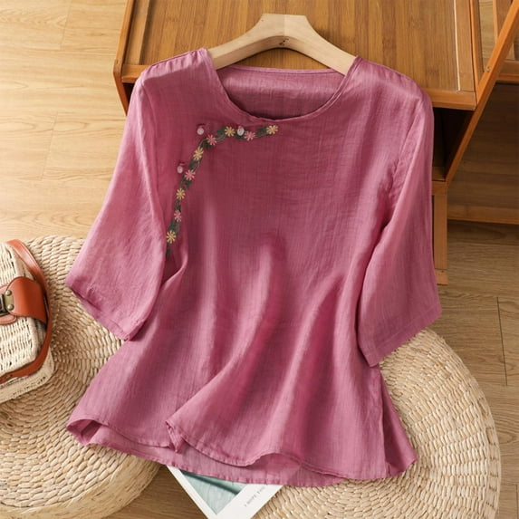 HOMBOM Embroidered Shirts for Women Crew Neck 3/4 Sleeve Western Purple Solid Color 2025 Cotton Linen Blouse