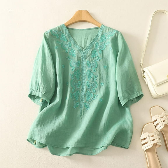 HOMBOM Embroidered Women Shirts Fall Green 3/4 Sleeve V-Neck Solid Color Loose Cotton Linen Blouse