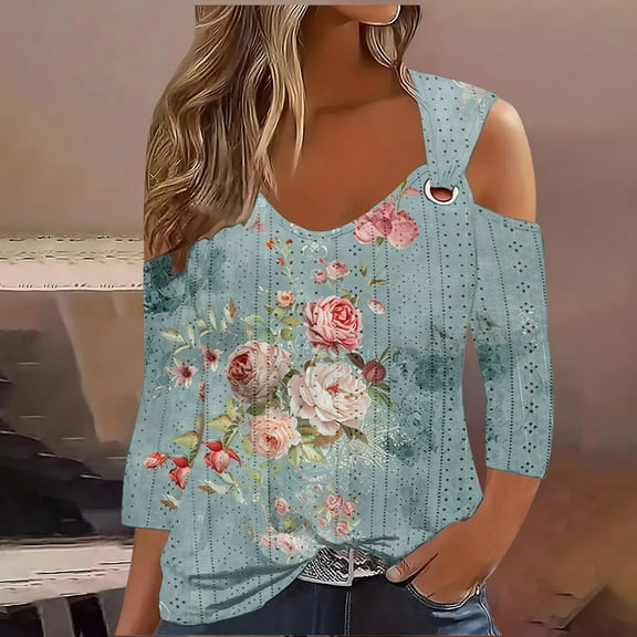 HOMBOM Eyelet Women T Shirts Scoop Neck 3/4 Sleeve Fall Floral Holiday New arrivals Off Shoulder Shirt