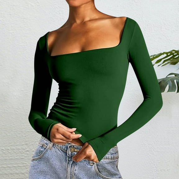 HOMBOM Fall Going Out Tops for Women Square Neck Slim Long Sleeve Army Green T Shirts Y2K Ladies Plain