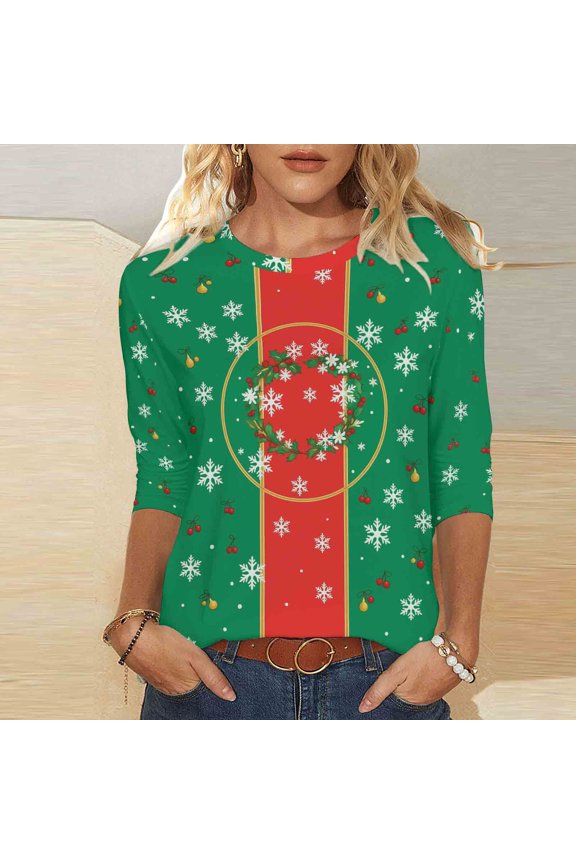 Fall Shirts for Women Christmas Crewneck Business Red 3/4 Sleeve Christmas Tree Ladies T Shirts Xmas