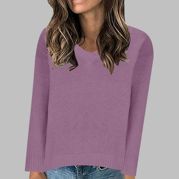 HOMBOM Fall Sweaters for Women 2024 V-Neck Purple Casual Long Sleeve Solid Sweaters L