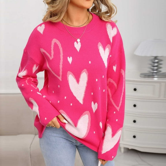HOMBOM Fall Sweaters for Women Knit Pullover Warm Crew Neck Hot Pink Long Sleeve Womens Tops Heart