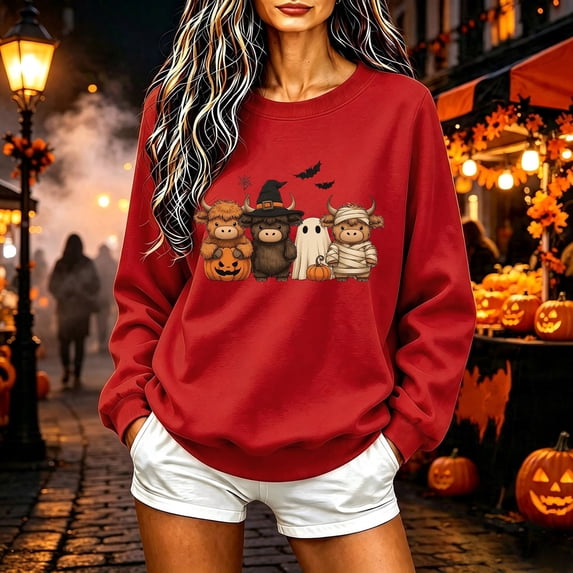 HOMBOM Fall Sweatshirt for Women Crewneck Hoodless Cozy Halloween Long Sleeve Red Pullover for Women Festive Fashion Shirts,L