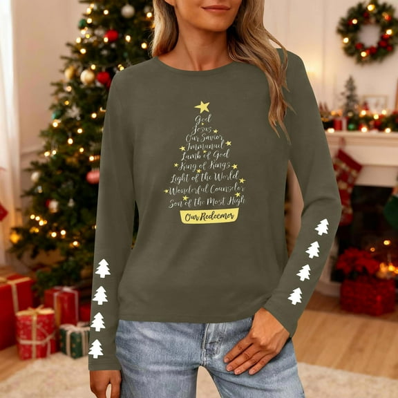 HOMBOM Fall Tops for Women Army Green Holiday Merry Christmas Crewneck Long Sleeve Ladies Tee Shirts Xmas
