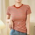 thumbnail image 1 of HOMBOM Fall Women Blouses Dressy Striped 2025 Red Crew Neck Short Sleeve Slim Fit Cotton T-shirt S, 1 of 7