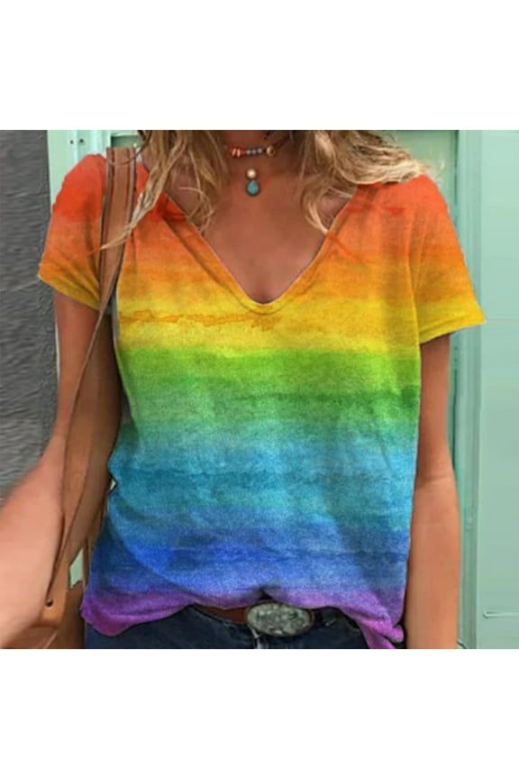 Fancy Tops for Women Rainbow Print Short Sleeve V-Neck Multicolor 70s Disco Shirts Elegant Tops for Women