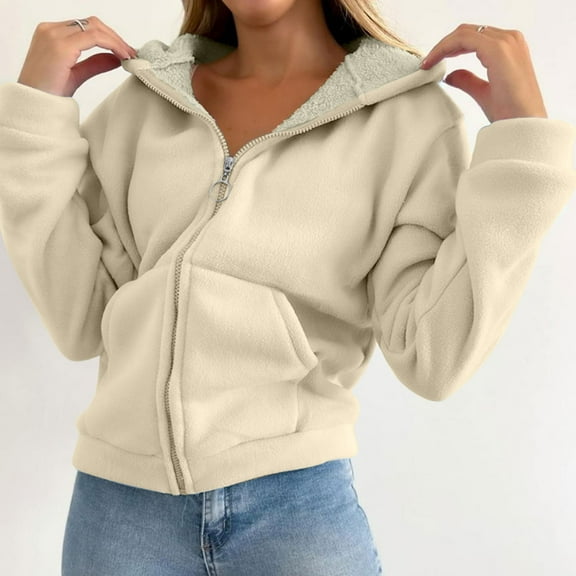 HOMBOM Fashion Womens Sweatshirt Beige Hooded Fleece Plain Tops Loose Winter Full Zip Long Sleeve Zip-Up Hoodie 3XL