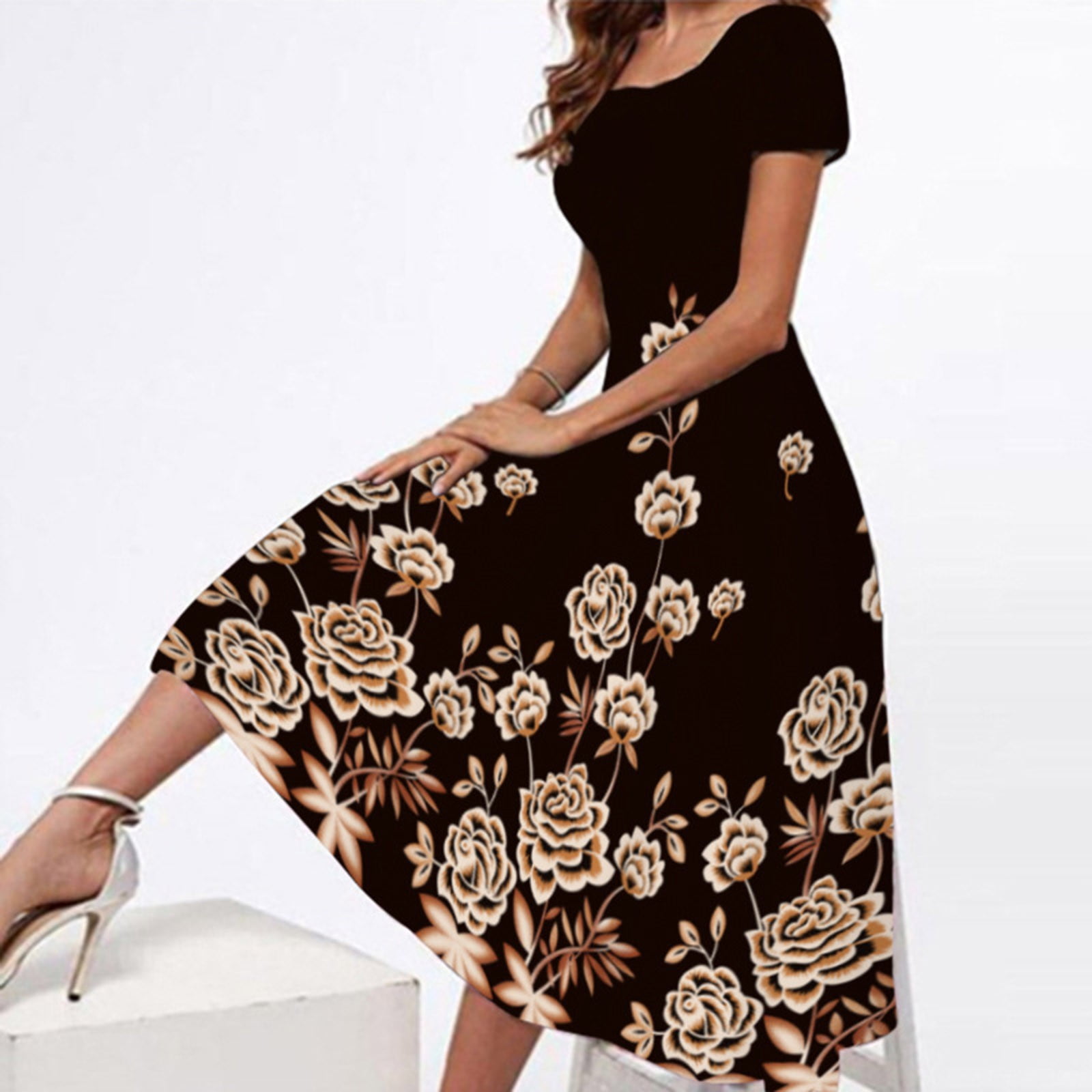 HOMBOM Fit & Flare Dress for Women Short Sleeve Black formal Dresses for  Women Round Neckline Floral Womens Maxi Sundresses M - Walmart.com
