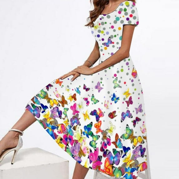 HOMBOM Fit & Flare Dress for Women Short Sleeve White formal Dresses for Women Floral Round Neckline Wedding Dresses for Women Elegant M