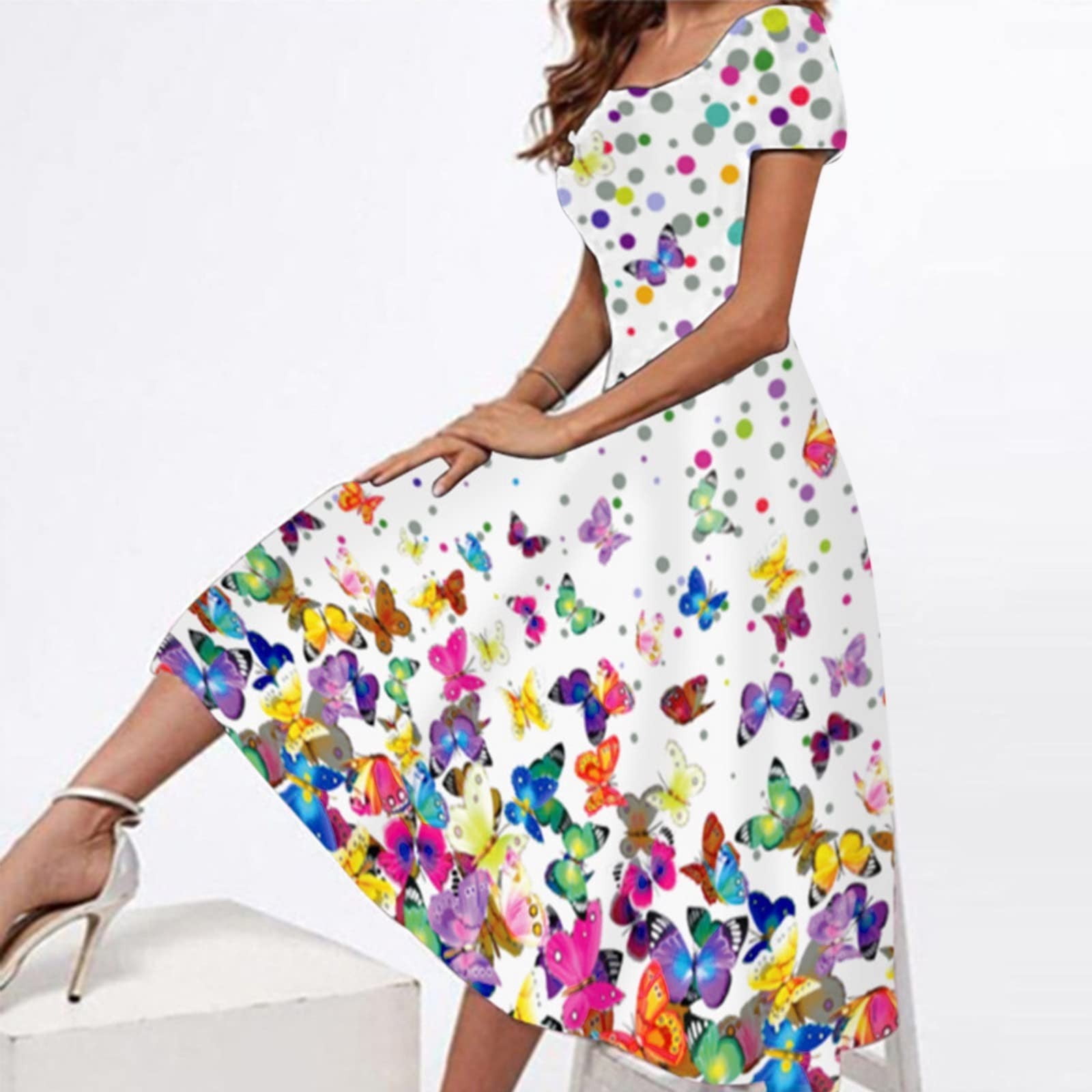 HOMBOM Fit & Flare Dress for Women White Short Sleeve formal Dresses for  Women Round Neckline Floral Womens Cotton Sun Dresses 2XL - Walmart.com