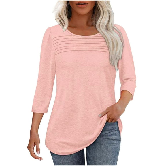 HOMBOM Front Pleated Blouses for Women Pink 3/4 Sleeve Dressy Solid Color Loose Crew Neck Tunnic Blouse