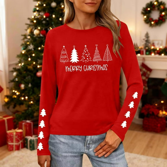 HOMBOM Funny Tops for Women Christmas Comfy Long Sleeve Red Ugly Christmas Xmas Females Blouse Crewneck