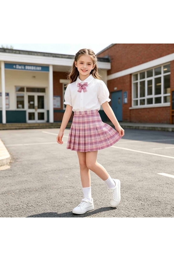 Girls Back To School Apparel Cute Puff Sleeve Collared Top & Plaid Skirt Fashion School Set 3-13Y,Pink,3-4 Years