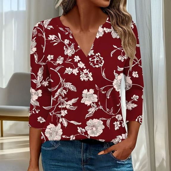 HOMBOM Graphic Women Blouses 3/4 Sleeve Red Fall V-Neck Holiday Loose Floral T-Shirts