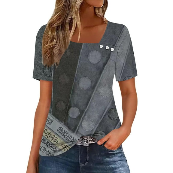 HOMBOM Gray Blouses for Women Summer Color Block Square Neck Loose Short Sleeve Asymmetrical Collar Shirts M