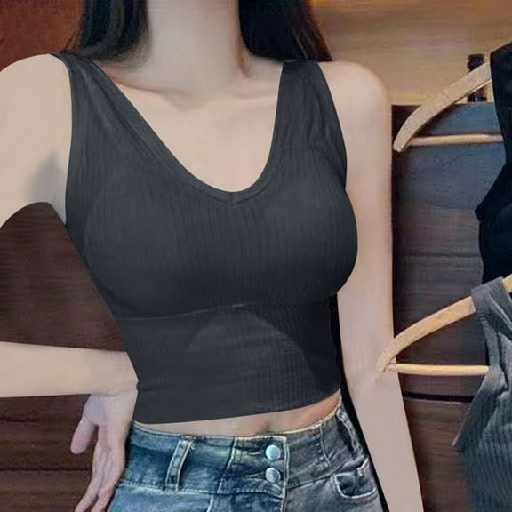 HOMBOM Gray Camisole Tops for Women 2025 Built in Bra V-Neck Solid Color Dressy Sleeveless Tank Blouse