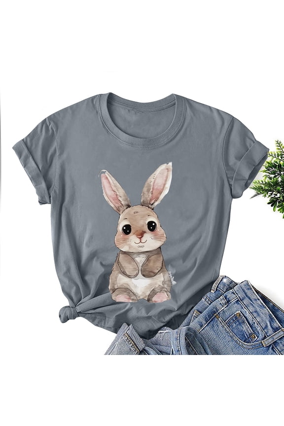 Gray Easter Shirts For Women Short Sleeve T-shirts Easter Rabbit Print Crew Neck Spring Tops For Women 2024 L