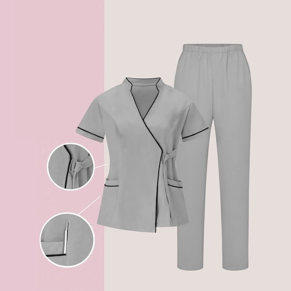 HOMBOM Gray Scrubs for Women Medical V Neck Scrub Top and Pant Short Sleeve Modern Ladies Nursing Uniforms
