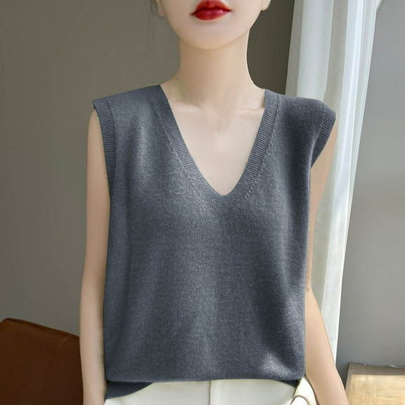 HOMBOM Gray Tops for Women Trendy Cutout V-Neck Sleeveless Solid Color Knitted Vest
