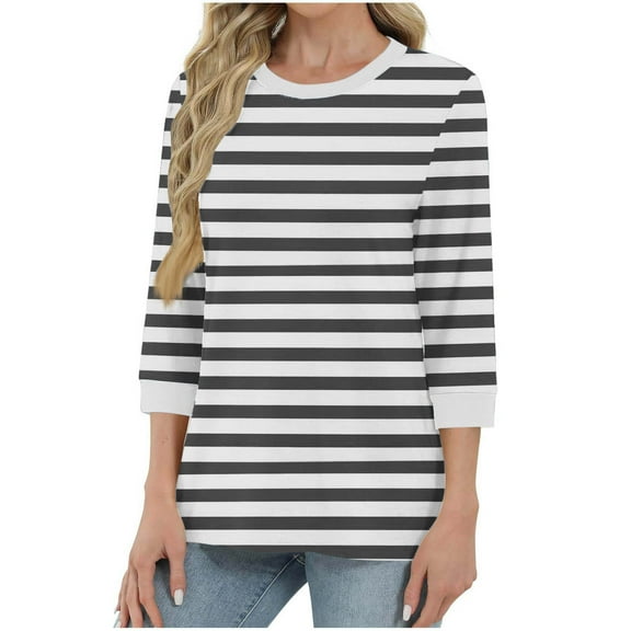 HOMBOM Gray Women Shirts Stripes Fall 3/4 Sleeve Crew Neck Loose Colorful Tunnic Blouse