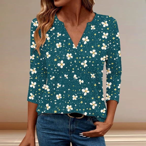 HOMBOM Green Blouses for Women V-Neck 3/4 Sleeve Western Graphic 2025 Vacation Floral T-Shirts
