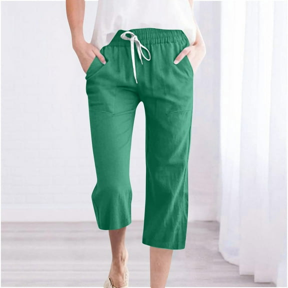 HOMBOM Green Capri Cargo Pants for Women Wide-Leg Cotton Linen Leisure Capris S