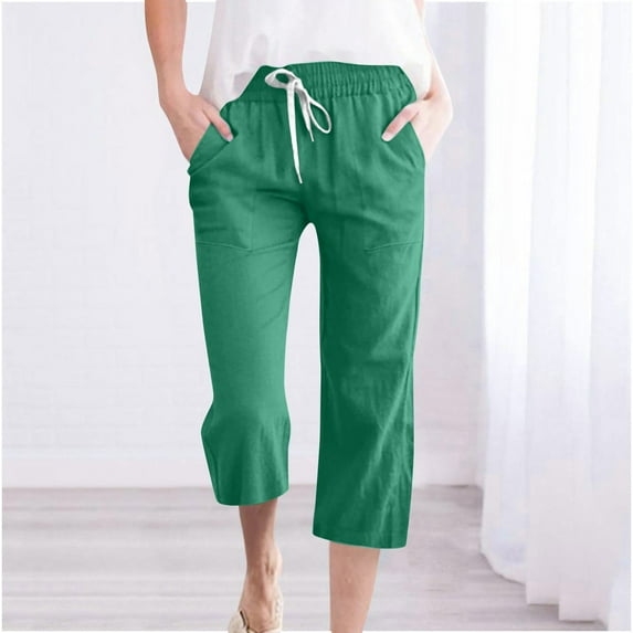 HOMBOM Green Capri Cargo Pants for Women Wide-Leg Cotton Linen Leisure Capris S
