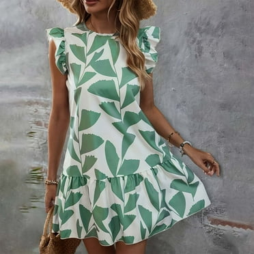 HOMBOM Green Dresses for Women 2024 Summer Mini Sundress Crew Neck Floral Leaf Sleeve Sleeveless Spring Dresses L