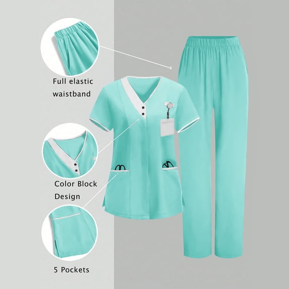 HOMBOM Green Scrubs for Women V Neck Scrub Top and Pant Medical Short Sleeve Lightweight Womens Working Uniforms
