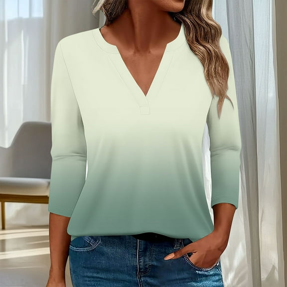 HOMBOM Green Women Tops 3/4 Sleeve V-Neck Trendy Temperament Gradient Color Loose T-Shirts
