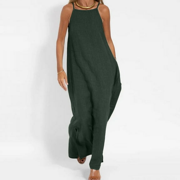 HOMBOM Hawaiian Dresses for Women Maxi Green Summer Sundress 2025 Sleeveless Solid Cotton Linen Crew Neck Dresses L