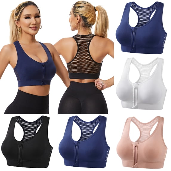HOMBOM High Impact Sports Bras for Women High Support Racerback Zip Front Push up Wireless Blue Womens Bras M