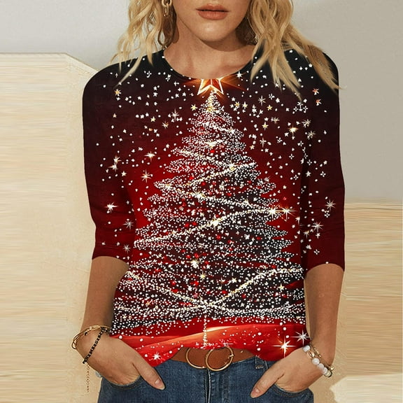 HOMBOM Holiday Tops for Women Red Christmas Pullover Snowflakes 3/4 Sleeve Crewneck Females T Shirts Xmas