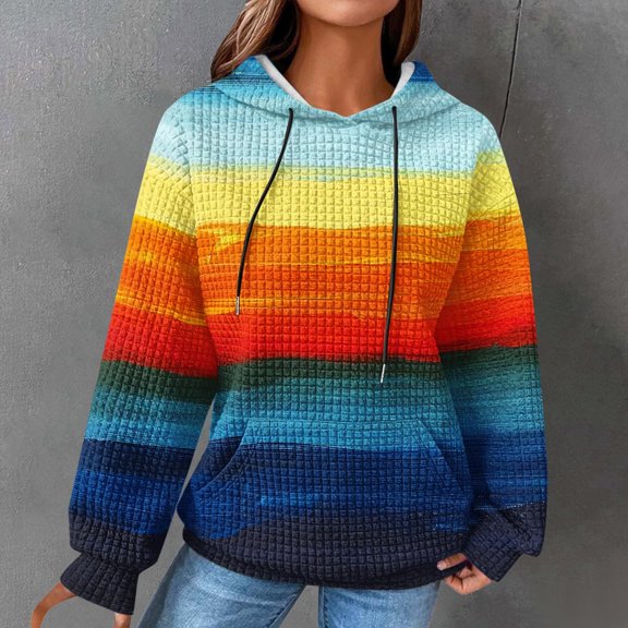 HOMBOM Hooded Womens Sweatshirts Dark Blue Hooded Fall Tie-dye Tops Long Sleeve Hoodie Waffle Soft Hoodie L