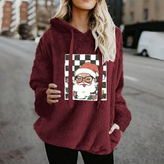 HOMBOM Hoodies Christmas Sweatshirts for Womens Cute Santa Red Pullover Fleece Merry and Bright Long Sleeve Ladies Shirts