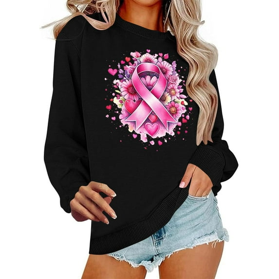HOMBOM Hoodless Sweatshirt for Women Black Graphic Crew Neck Pullover Fall Womens Tops Breast Cancer
