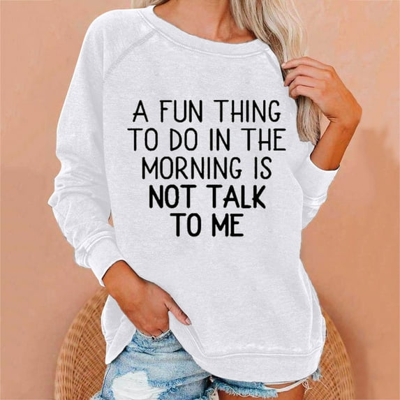 HOMBOM Hoodless Sweatshirt for Women Trendy,Round Neck Letter Print White Long Sleeve Casual Blouse