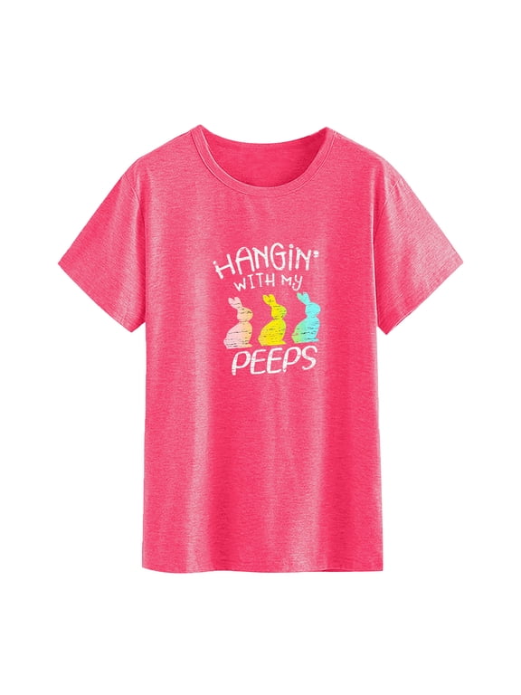 Hot Pink Easter Tops Women Religious Short Sleeve Graphic Tee Round Neck Easter Bunny Print Trendy Tops For Women XXL