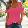 thumbnail image 1 of HOMBOM Hot Pink Shirts for Women Cutout Casual Off The Shoulder Crew Neck Short Sleeve Solid Shirts XL, 1 of 7