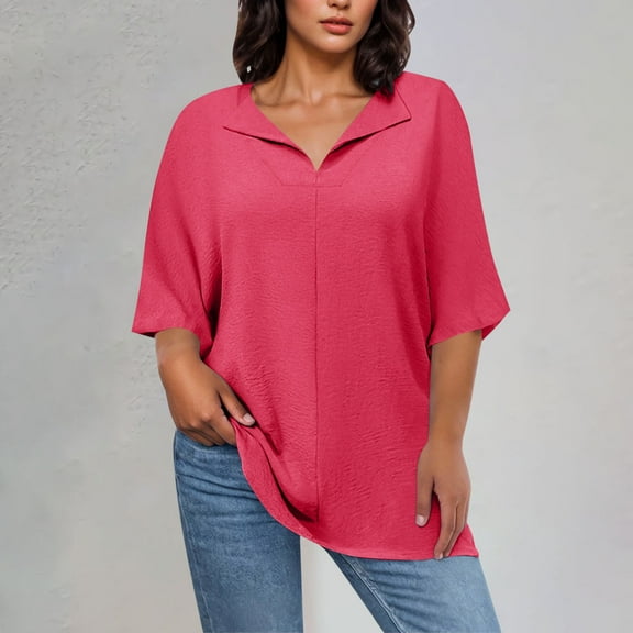 HOMBOM Hot Pink Women Tops Plus Size 3/4 Sleeve V-Neck Fall Temperament Solid Color New arrivals Shirt