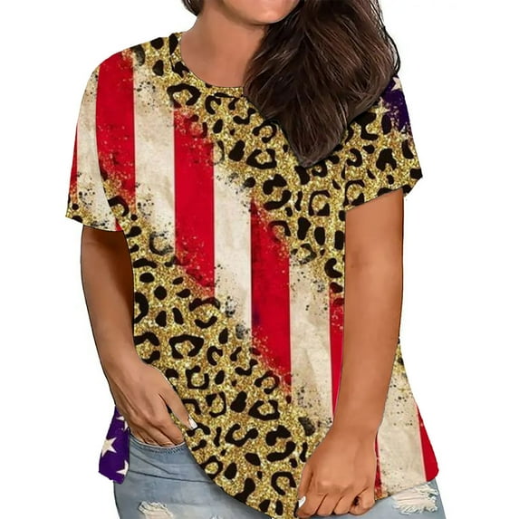 HOMBOM Independence Day Womens Tops Clearance Under $10 Short Sleeve Yellow Tunic Blouse Round-neck Plus Size Fashion Blouse L