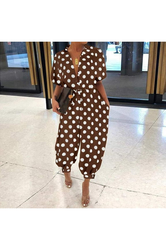Jumpsuits for Women Dressy Short Sleeve Coffee Polka Dot V-neck Jumpsuit XL