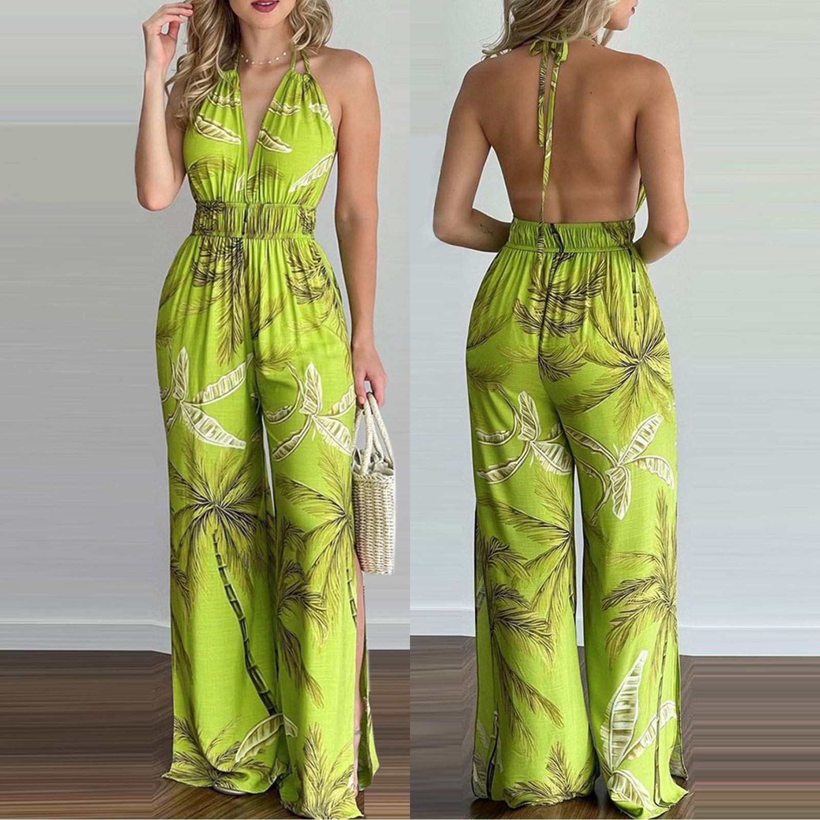HOMBOM Jumpsuits for Women Dressy Sleeveless Green Hawaiian