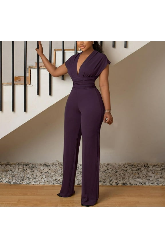 Jumpsuits for Women Spring Purple Short Sleeve Solid Color V-neck Straight-leg Jumpsuit S